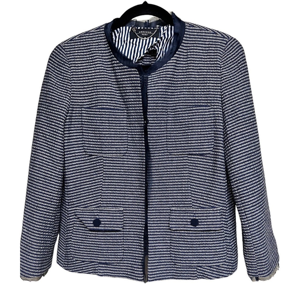 Max Mara Weekend Blazer‎ Navy Blue Striped Lace Trim Women’s Size 12